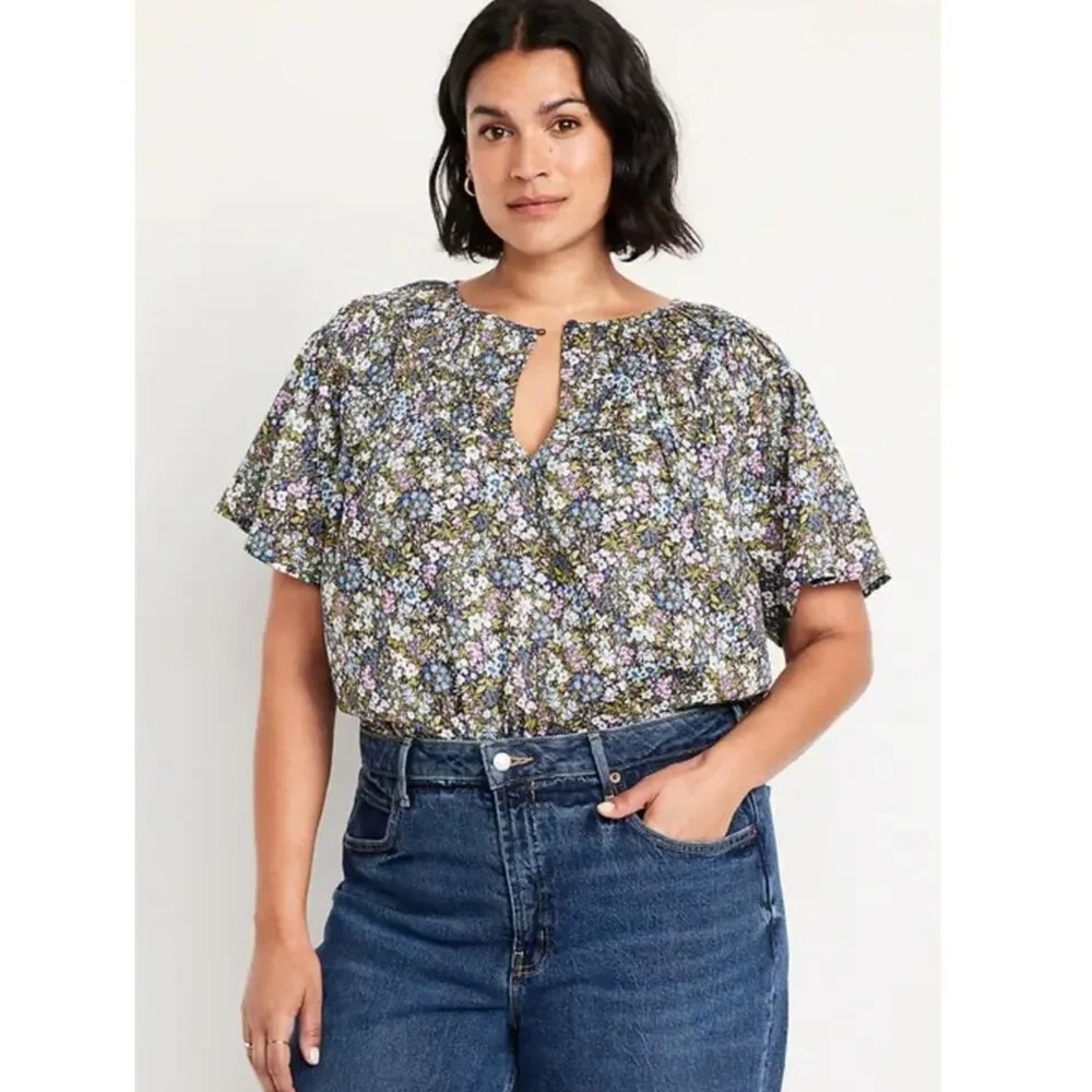 Old Navy Floral Smocked Keyhole Blouse XL Blue Pink Green Cotton Flutter Sleeve